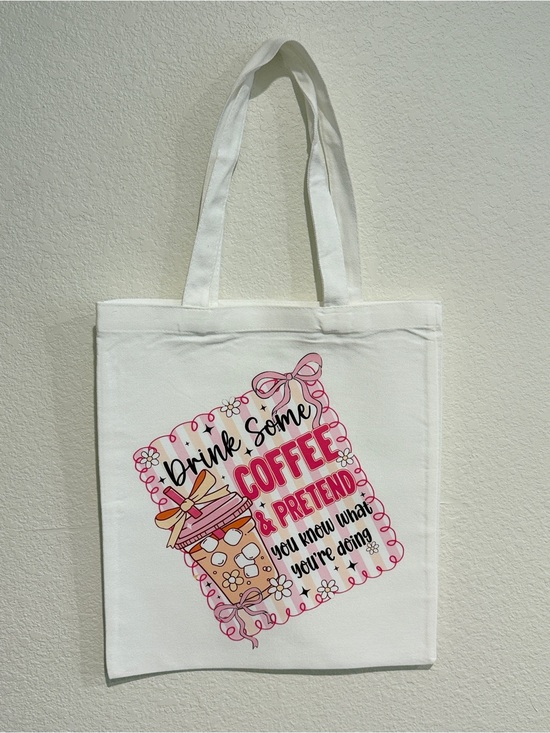 The Golden Goat Co Handbags - Handmade Canvas Tote Bag with Drink Coffee and Pretend Graphic - White